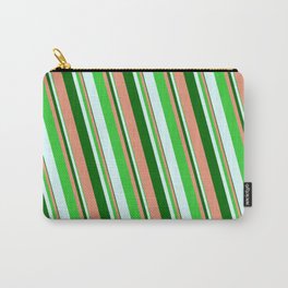 [ Thumbnail: Dark Green, Dark Salmon, Lime Green, and Light Cyan Colored Striped/Lined Pattern Carry-All Pouch ]