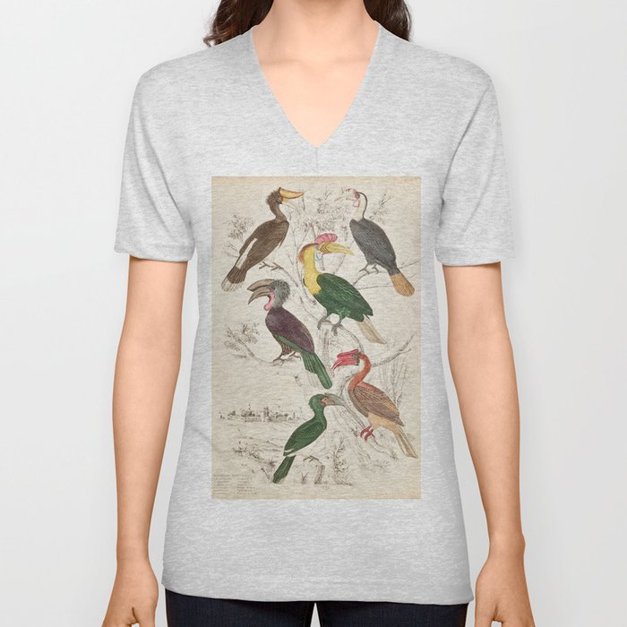 Tropical Hornbill Bird Vintage Print V Neck T Shirt