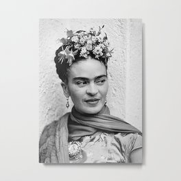 Frida Portrait, Black and White, Flowers in Hair, Vintage Wall Art Metal Print