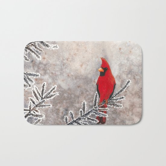 The Red Cardinal in winter Bath Mat