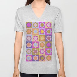 70s Retro sun flower checker  V Neck T Shirt