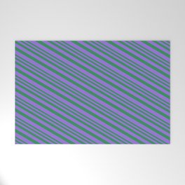 [ Thumbnail: Sea Green and Purple Colored Lined Pattern Welcome Mat ]