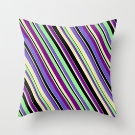 [ Thumbnail: Light Green, Purple, Slate Blue, Pale Goldenrod, and Black Colored Lines/Stripes Pattern Throw Pillow ]