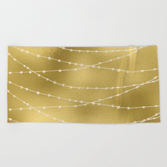 Merry christmas- white winter lights on gold pattern Beach Towel