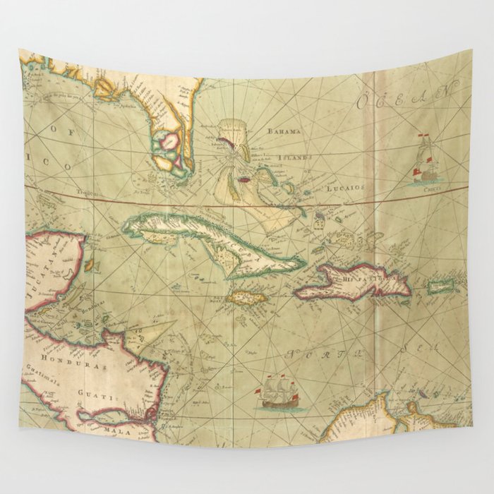 Vintage Map of The Caribbean (1707) Wall Tapestry by BravuraMedia 