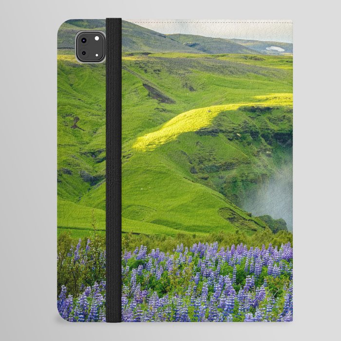 Skogafoss Summer Iceland Waterfall Wildflowers Landscape iPad Folio Case