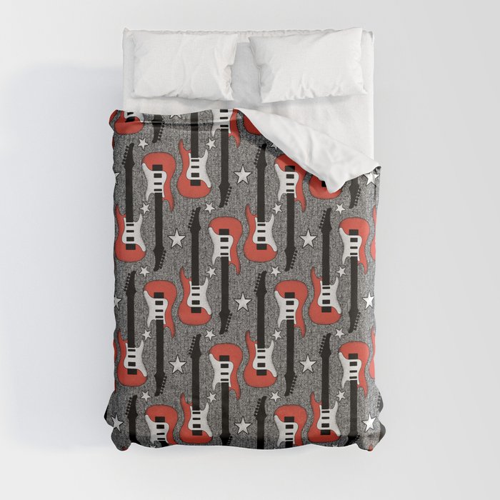 Rock and Roll_ Red and White Guitar Duvet Cover