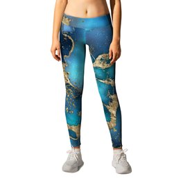 Dreamy Blue Teal and Gold Leggings | Metallic, Blue, Sky, Inkart, Marble, Alcoholink, Abstract, Teal, Golden, Modern 