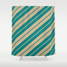 [ Thumbnail: Teal & Tan Colored Striped Pattern Shower Curtain ]