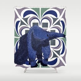 Giant anteater walking on a blue patterned background Shower Curtain