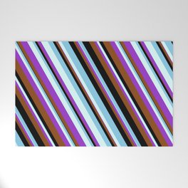[ Thumbnail: Eyecatching Light Cyan, Dark Orchid, Brown, Black & Sky Blue Colored Stripes/Lines Pattern Welcome Mat ]