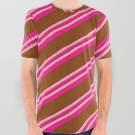 [ Thumbnail: Light Pink, Deep Pink & Brown Colored Lined/Striped Pattern All Over Graphic Tee ]