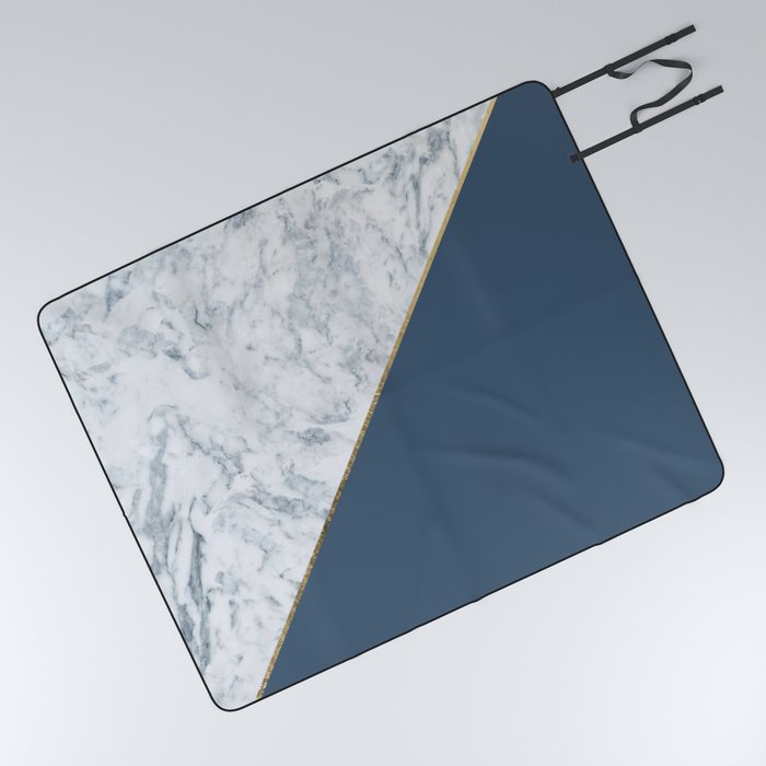 Elegant mauve blue white marble faux gold geometric Picnic Blanket