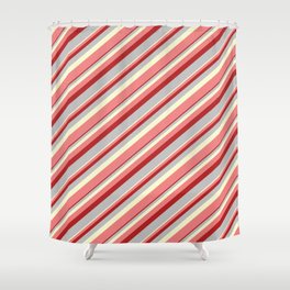 [ Thumbnail: Light Yellow, Light Coral, Red, and Grey Colored Lines/Stripes Pattern Shower Curtain ]