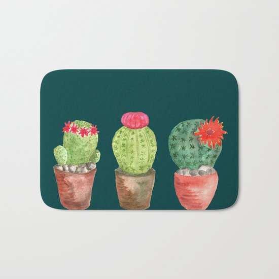 Three Cacti watercolor green Bath Mat