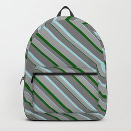 [ Thumbnail: Grey, Powder Blue, Dark Gray, and Dark Green Colored Stripes/Lines Pattern Backpack ]