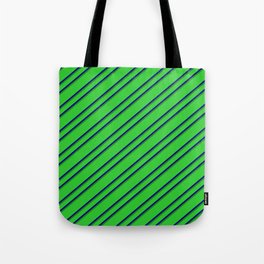 [ Thumbnail: Lime Green, Blue, and Forest Green Colored Lined Pattern Tote Bag ]