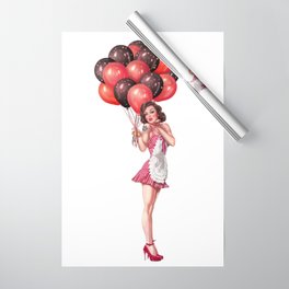 Sexy Brunette Pin Up With Tattoo, Baloons And Maid Dress Wrapping Paper