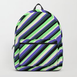 [ Thumbnail: Colorful Beige, Slate Blue, Dark Slate Gray, Black & Green Colored Lined/Striped Pattern Backpack ]