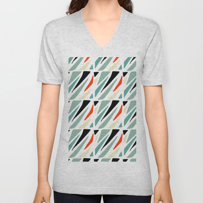Abstract geometrical black red green triangles modern pattern V Neck T Shirt