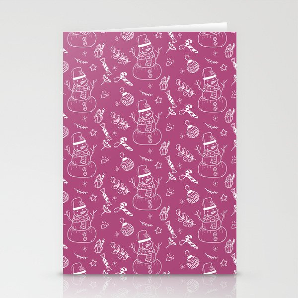 Magenta and White Christmas Snowman Doodle Pattern Stationery Cards