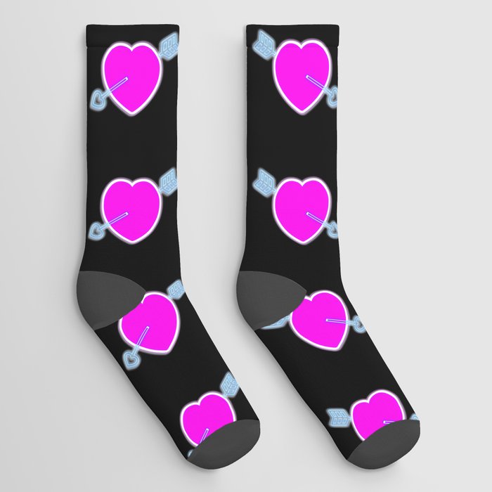 Neon pink love heart and blue arrow Socks