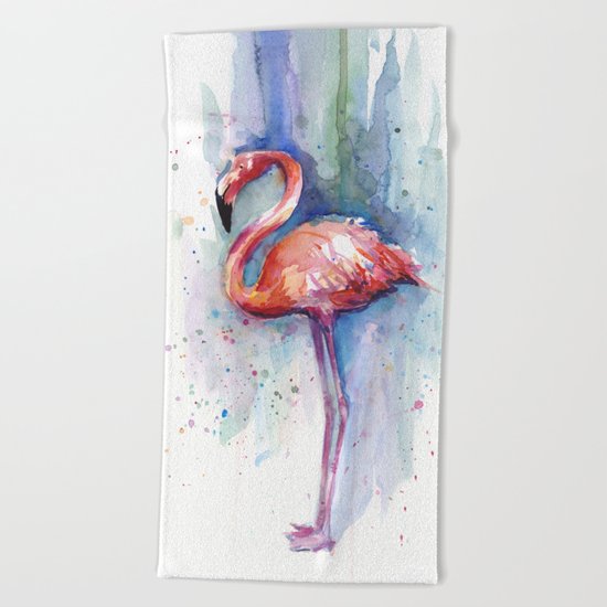 Pink Flamingo Watercolor Tropical Animals Birds Beach Towel