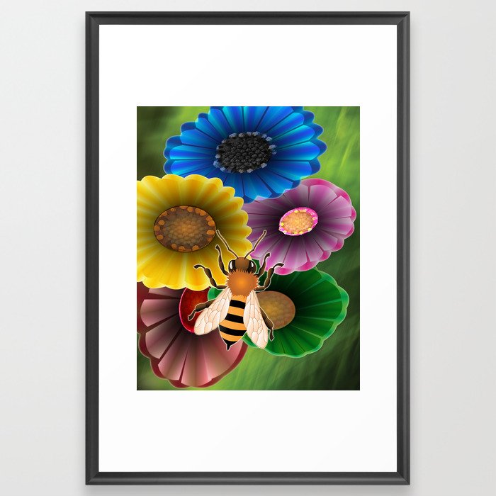 Bee over Flowers Framed Art Print