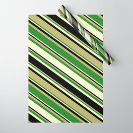 [ Thumbnail: Dark Khaki, Forest Green, Light Yellow, and Black Colored Pattern of Stripes Wrapping Paper ]