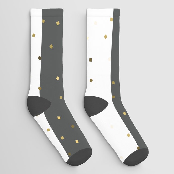 Simple Christmas seamless pattern Golden Confetti on Dark Grey and White Stripes Background Socks