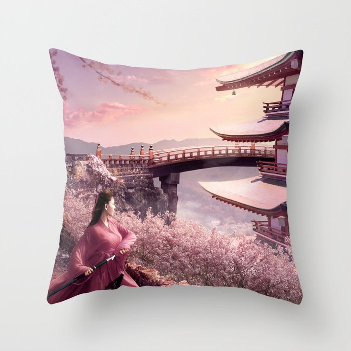 Samurai and Sakura Throw Pillow