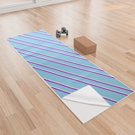 [ Thumbnail: Sky Blue, Beige, and Dark Violet Colored Pattern of Stripes Yoga Towel ]