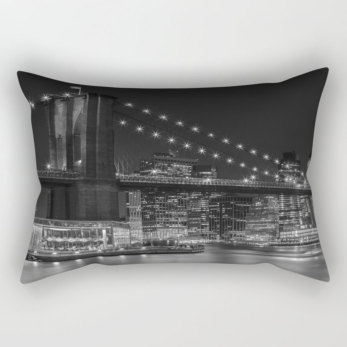 MANHATTAN SKYLINE & BROOKLYN BRIDGE Nightly Impressions | Panoramic Monochrome Rectangular Pillow