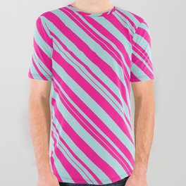 [ Thumbnail: Deep Pink & Powder Blue Colored Striped Pattern All Over Graphic Tee ]