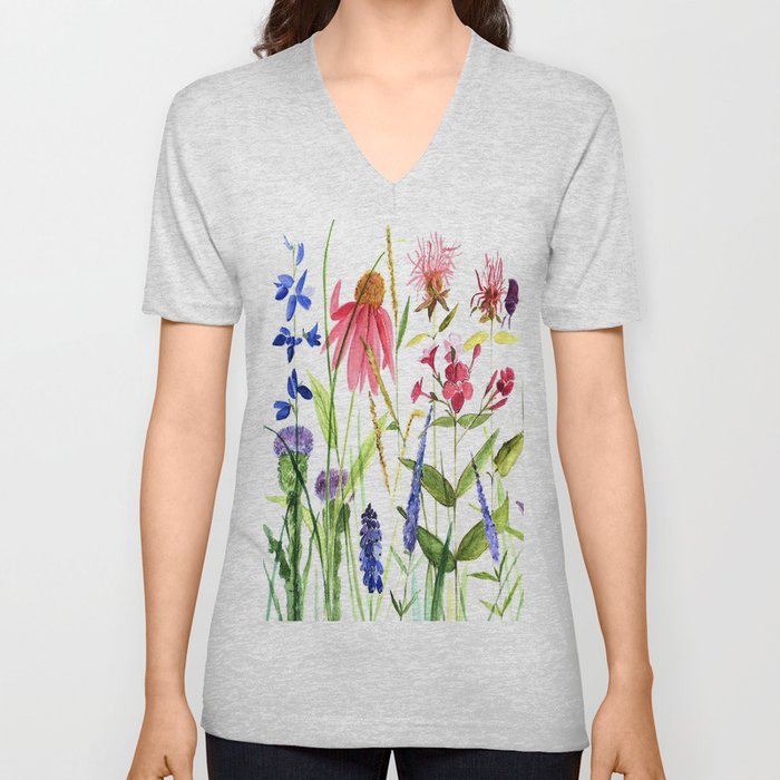Botanical Colorful Flower Wildflower Watercolor Illustration V Neck T Shirt