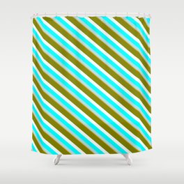 [ Thumbnail: Eye-catching Green, Mint Cream, Aqua, Powder Blue, and Goldenrod Colored Striped/Lined Pattern Shower Curtain ]