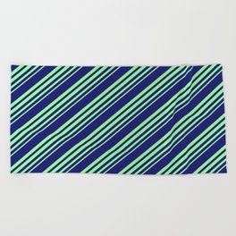 [ Thumbnail: Midnight Blue and Green Colored Stripes Pattern Beach Towel ]