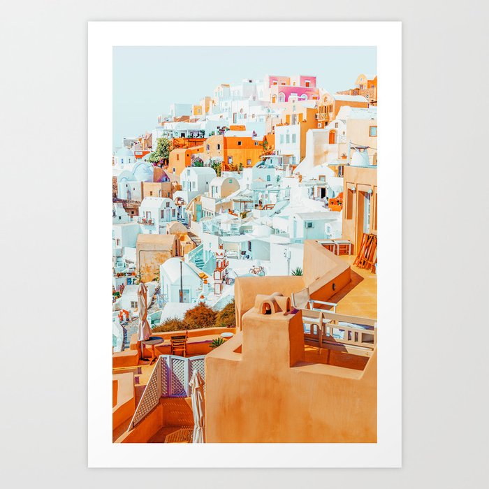 Santorini Vacay | Greece Summer Travel Architecture Buildings | Pastel Beachy Cityscape Photography Art Print
