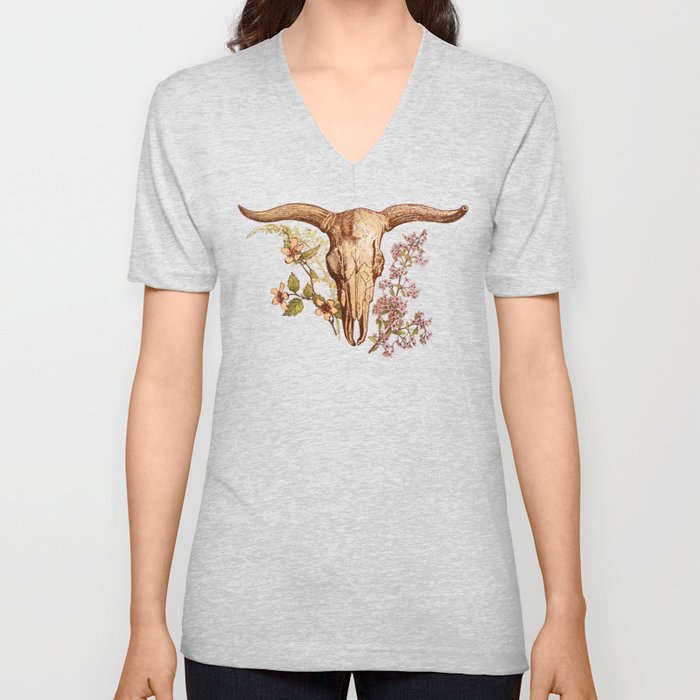 Floral Cow Skull V Neck T Shirt