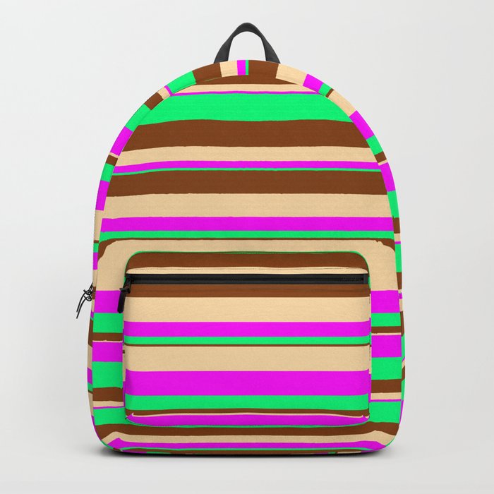 Tan, Fuchsia, Green & Brown Colored Striped Pattern Backpack