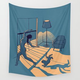Dancing with the cat | Blue Moody sunset light and shadows Aesthetic room | Naked dance Femme Fatale Wall Tapestry