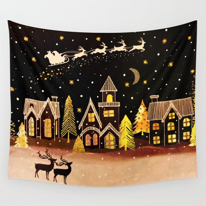 Gold Christmas Village Deer Winter Night  Wall Tapestry
