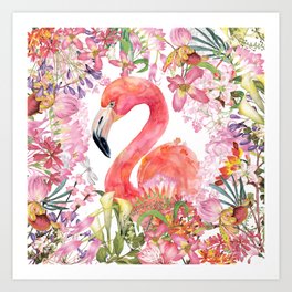 Flamingo in Tropical Flower Jungle Art Print