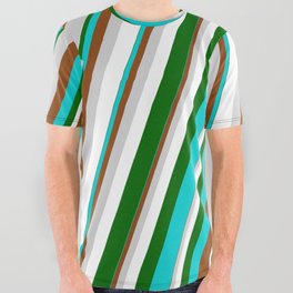 [ Thumbnail: Eyecatching Dark Turquoise, Brown, Light Gray, White & Dark Green Colored Lined Pattern All Over Graphic Tee ]