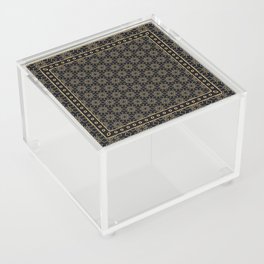 Black and gold abstract graphic pattern. Geometric ornament with frame, border. Line art, lace, embroidery background. Bandanna, shawl, scarf, tablecloth design Acrylic Box