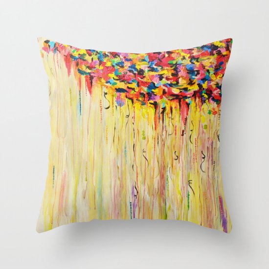 OPPOSITES LOVE Raining Sunshine - Bold Bright Sunny Colorful Rain Storm Abstract Acrylic Painting Throw Pillow
