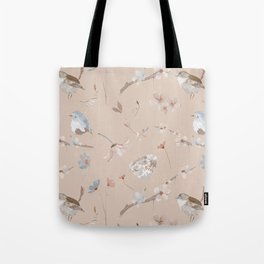 Delicate Birds and Flowers Pattern Tote Bag