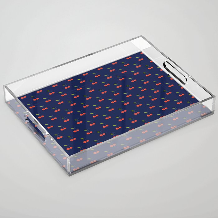 Cherry Seamless Pattern On Navy Blue Background Acrylic Tray