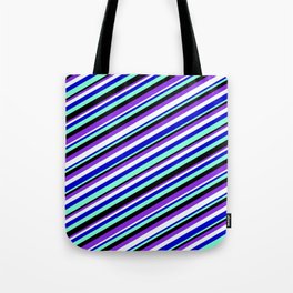 [ Thumbnail: Vibrant Blue, Aquamarine, Black, Purple, and Mint Cream Colored Lined Pattern Tote Bag ]