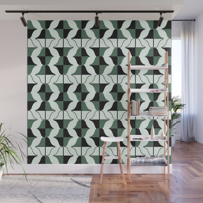 Whale Song Midcentury Modern Retro Arcs Abstract Green Wall Mural